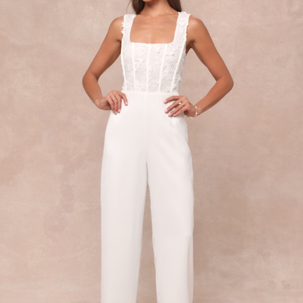 NWT Lulus Truly Profound White Mesh 3d Floral Embroidered Bustier Jumpsuit - XL